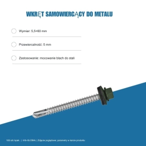 Wkręt samowiercący do metalu 5,5x60 mm, przewiercalność 5 mm, EPDM, 100 szt. – kolor do wyboru